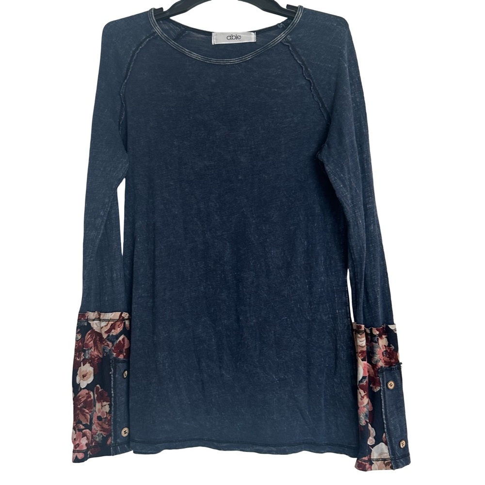 ABLE Navy Blue Stonewashed Lightweight Cotton Blend Long Sleeve Pullover Tee